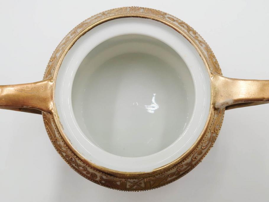 明治～大正期　オールドノリタケ　NORITAKE　金彩　金盛　花　ハンドペイント　格調高く華やぎを纏ったコーヒーセット(ポット、クリーマー、シュガーポット、カップ&ソーサー3客、C&S、洋食器)(R-083570)