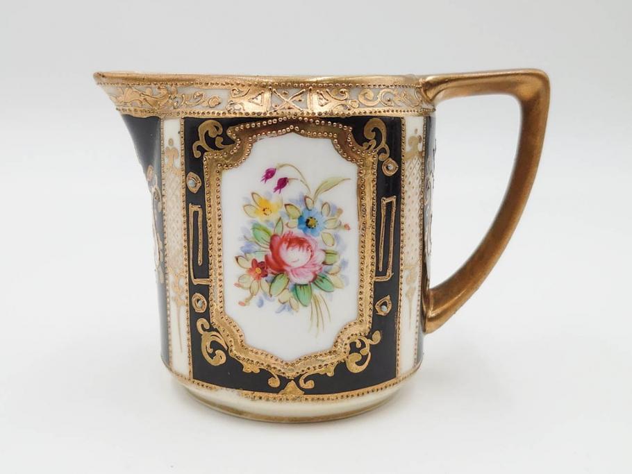明治～大正期　オールドノリタケ　NORITAKE　金彩　金盛　花　ハンドペイント　格調高く華やぎを纏ったコーヒーセット(ポット、クリーマー、シュガーポット、カップ&ソーサー3客、C&S、洋食器)(R-083570)