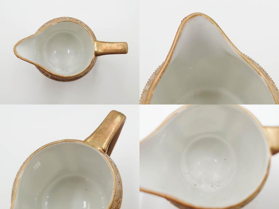 明治～大正期　オールドノリタケ　NORITAKE　金彩　金盛　花　ハンドペイント　格調高く華やぎを纏ったコーヒーセット(ポット、クリーマー、シュガーポット、カップ&ソーサー3客、C&S、洋食器)(R-083570)