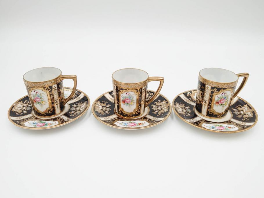 明治～大正期　オールドノリタケ　NORITAKE　金彩　金盛　花　ハンドペイント　格調高く華やぎを纏ったコーヒーセット(ポット、クリーマー、シュガーポット、カップ&ソーサー3客、C&S、洋食器)(R-083570)