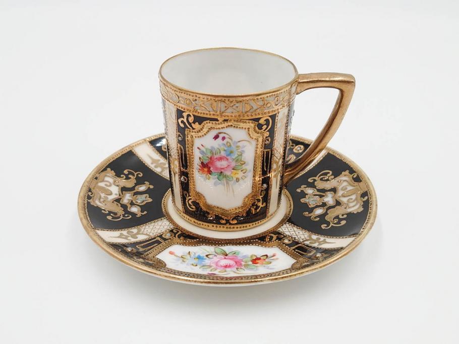 明治～大正期　オールドノリタケ　NORITAKE　金彩　金盛　花　ハンドペイント　格調高く華やぎを纏ったコーヒーセット(ポット、クリーマー、シュガーポット、カップ&ソーサー3客、C&S、洋食器)(R-083570)