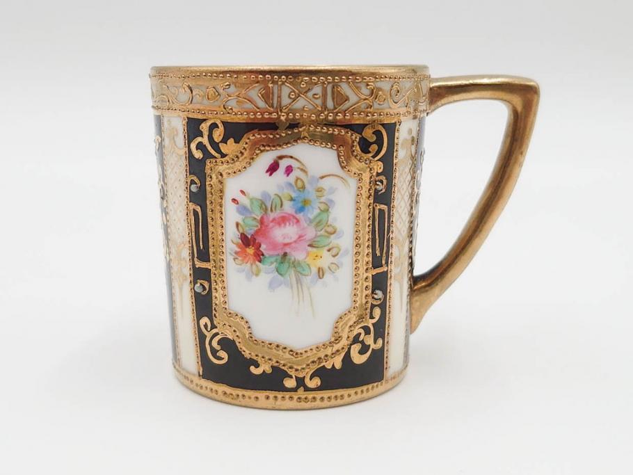 明治～大正期　オールドノリタケ　NORITAKE　金彩　金盛　花　ハンドペイント　格調高く華やぎを纏ったコーヒーセット(ポット、クリーマー、シュガーポット、カップ&ソーサー3客、C&S、洋食器)(R-083570)