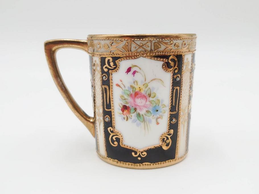 明治～大正期　オールドノリタケ　NORITAKE　金彩　金盛　花　ハンドペイント　格調高く華やぎを纏ったコーヒーセット(ポット、クリーマー、シュガーポット、カップ&ソーサー3客、C&S、洋食器)(R-083570)