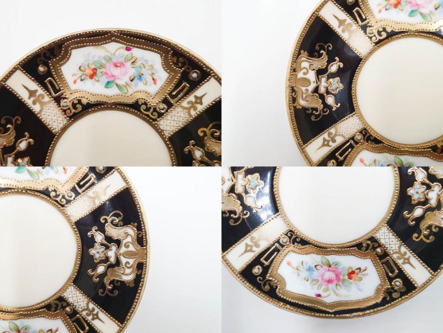 明治～大正期　オールドノリタケ　NORITAKE　金彩　金盛　花　ハンドペイント　格調高く華やぎを纏ったコーヒーセット(ポット、クリーマー、シュガーポット、カップ&ソーサー3客、C&S、洋食器)(R-083570)