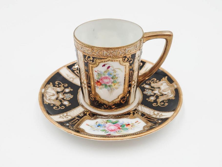 明治～大正期　オールドノリタケ　NORITAKE　金彩　金盛　花　ハンドペイント　格調高く華やぎを纏ったコーヒーセット(ポット、クリーマー、シュガーポット、カップ&ソーサー3客、C&S、洋食器)(R-083570)