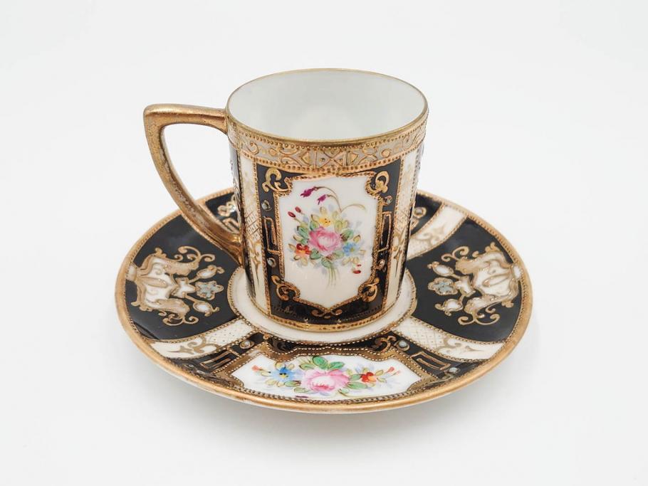 明治～大正期　オールドノリタケ　NORITAKE　金彩　金盛　花　ハンドペイント　格調高く華やぎを纏ったコーヒーセット(ポット、クリーマー、シュガーポット、カップ&ソーサー3客、C&S、洋食器)(R-083570)