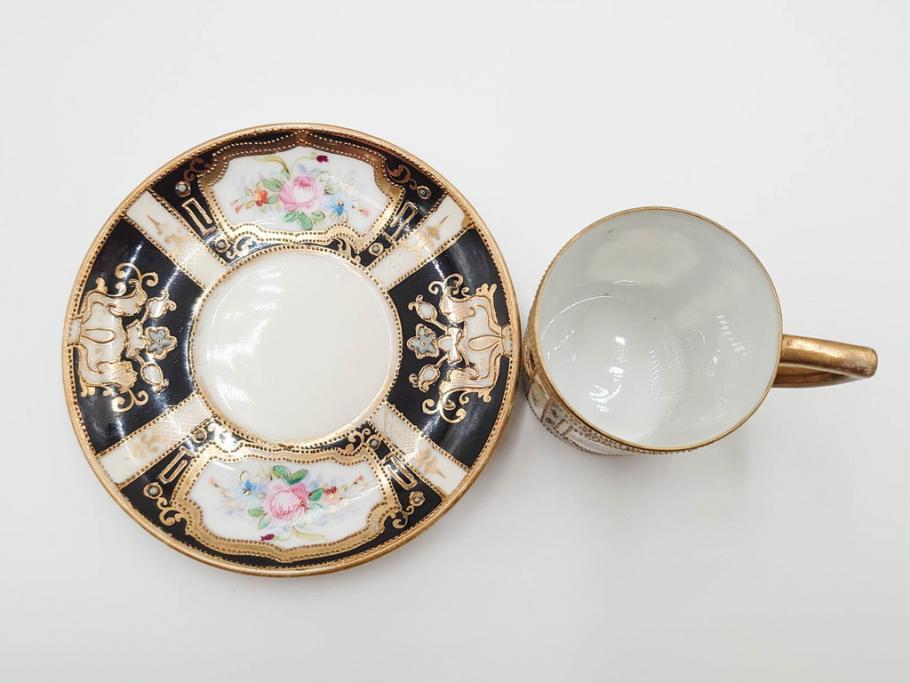 明治～大正期　オールドノリタケ　NORITAKE　金彩　金盛　花　ハンドペイント　格調高く華やぎを纏ったコーヒーセット(ポット、クリーマー、シュガーポット、カップ&ソーサー3客、C&S、洋食器)(R-083570)