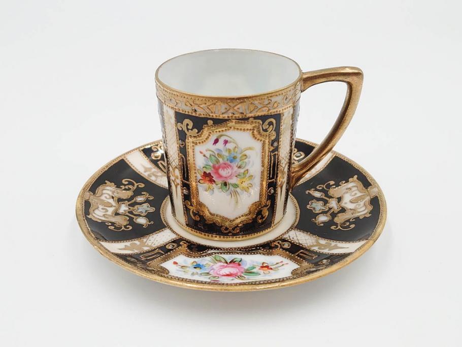 明治～大正期　オールドノリタケ　NORITAKE　金彩　金盛　花　ハンドペイント　格調高く華やぎを纏ったコーヒーセット(ポット、クリーマー、シュガーポット、カップ&ソーサー3客、C&S、洋食器)(R-083570)