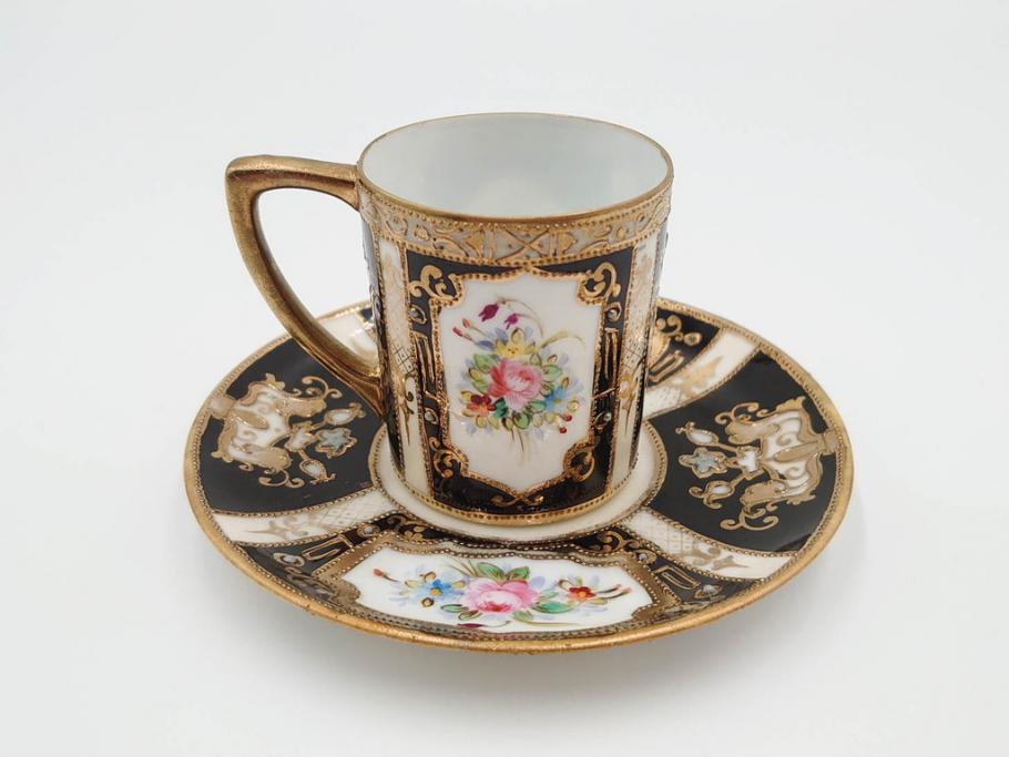 明治～大正期　オールドノリタケ　NORITAKE　金彩　金盛　花　ハンドペイント　格調高く華やぎを纏ったコーヒーセット(ポット、クリーマー、シュガーポット、カップ&ソーサー3客、C&S、洋食器)(R-083570)