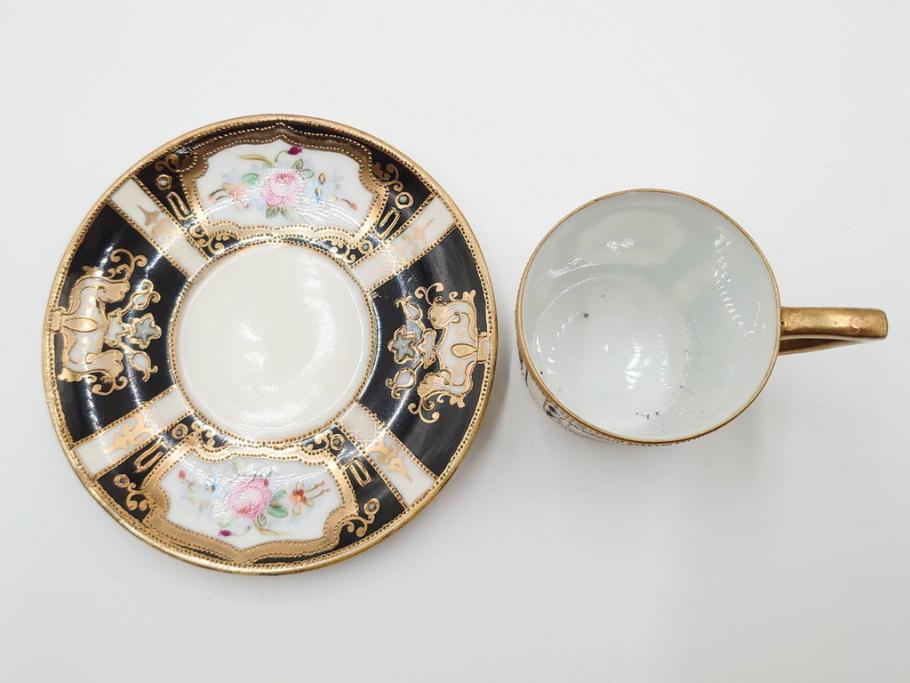 明治～大正期　オールドノリタケ　NORITAKE　金彩　金盛　花　ハンドペイント　格調高く華やぎを纏ったコーヒーセット(ポット、クリーマー、シュガーポット、カップ&ソーサー3客、C&S、洋食器)(R-083570)