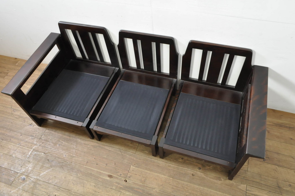 中古　北海道民芸家具　セパレートスタイル　希少な絶版品!和モダンな木製フレームの3人掛けソファ(ベンチ、アームソファ、3Pソファ)(R-080106)