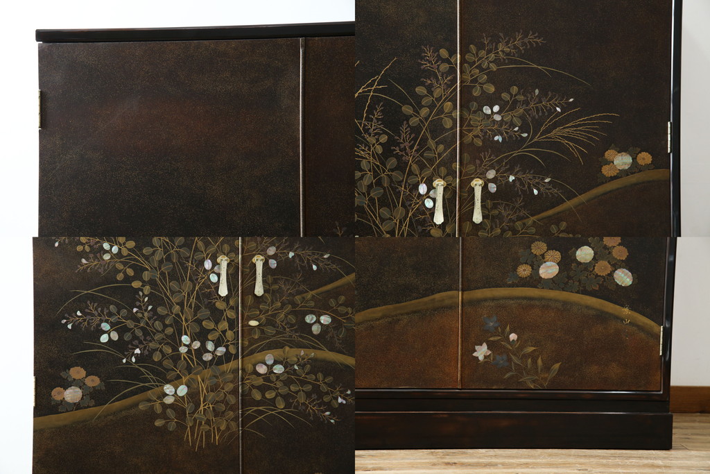 中古　美品　最高級　総漆塗り　まるで絵画のような前面蒔絵と螺鈿細工の意匠が楽しめる中桐箪笥(和タンス、和たんす、着物箪笥、和服箪笥、引き出し)(定価約400万円)(R-057975)
