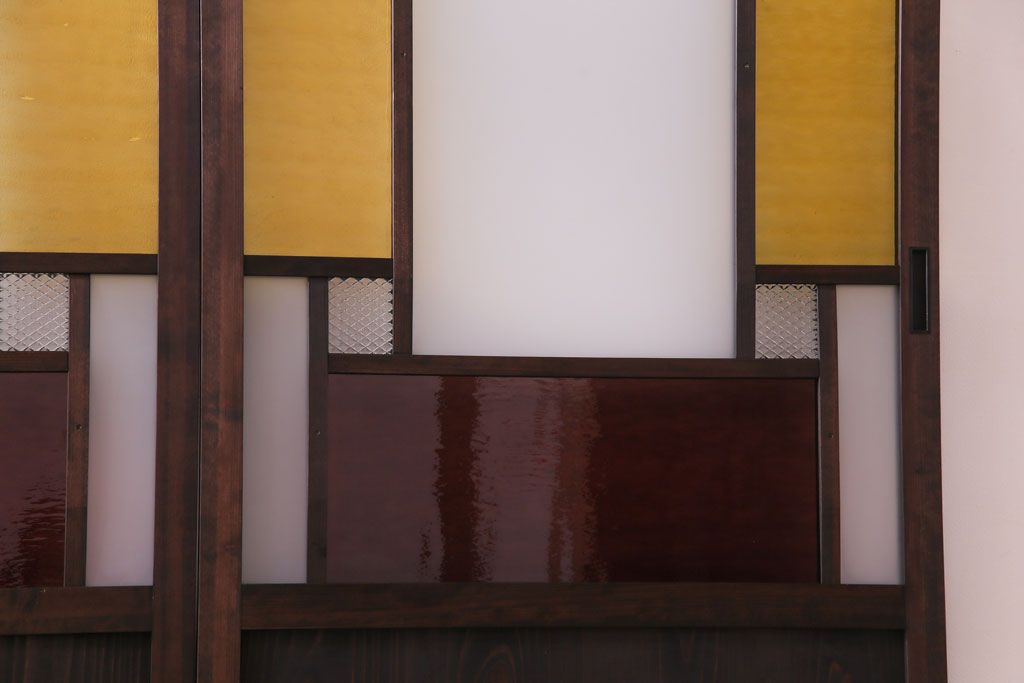 ラフジュ工房オリジナル　2色の色ガラスが目を引くレトロな引き戸(建具、ガラス戸)4枚セット