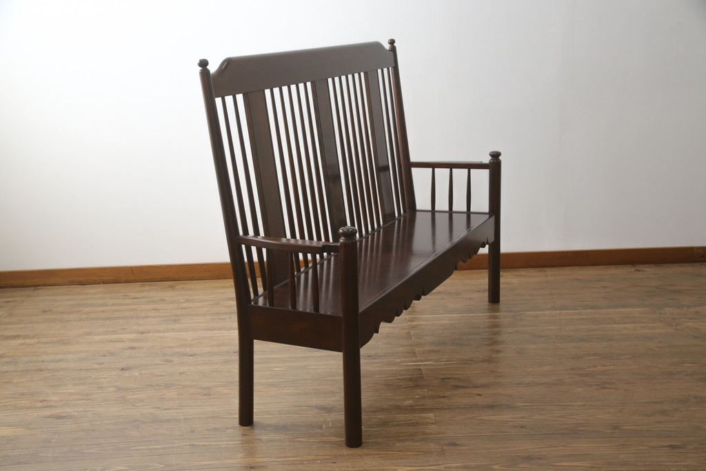 中古　美品　松本民芸家具　H型　すっきりと洗練されたシルエットのスピンドルバックベンチ(長椅子、いす、イス)(R-058154)