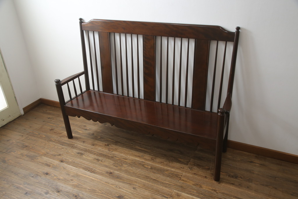 中古　美品　松本民芸家具　H型　すっきりと洗練されたシルエットのスピンドルバックベンチ(長椅子、いす、イス)(R-058154)