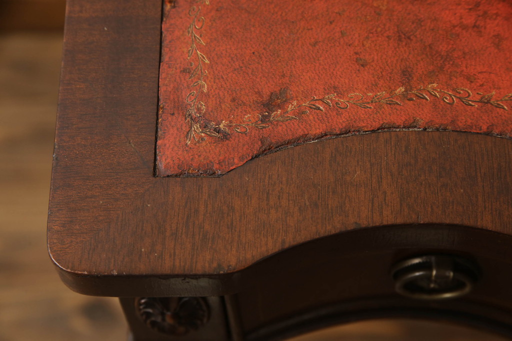 イギリスアンティーク　マホガニー材　ジョージアン　美しい杢目と洗練された佇まいが魅力的なレザートップデスク(レディースデスク、コンソールテーブル、机、本革、ワークデスク、在宅用、在宅ワーク用)(R-063181)