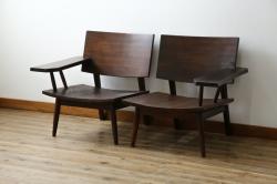 中古　希少な廃番品　久和屋　SCANDECK(スカンディック)シリーズ　オーク材の杢目が美しい重厚な一人掛けソファ2脚セット(アームチェア、ローチェア、リビングチェア、板座チェア、ダイニングチェア、イス、椅子、バラ売り可能)(R-082308)