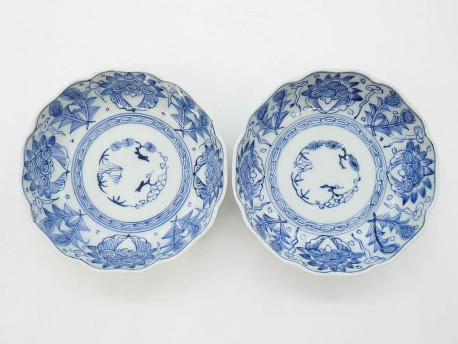 幕末期　古伊万里　輪花型　線描き　草花図　約15cm　4.9寸　手描きのあたたかみが魅力のなます皿2枚セット(中皿、和皿、和食器、四寸九分)(R-076820)