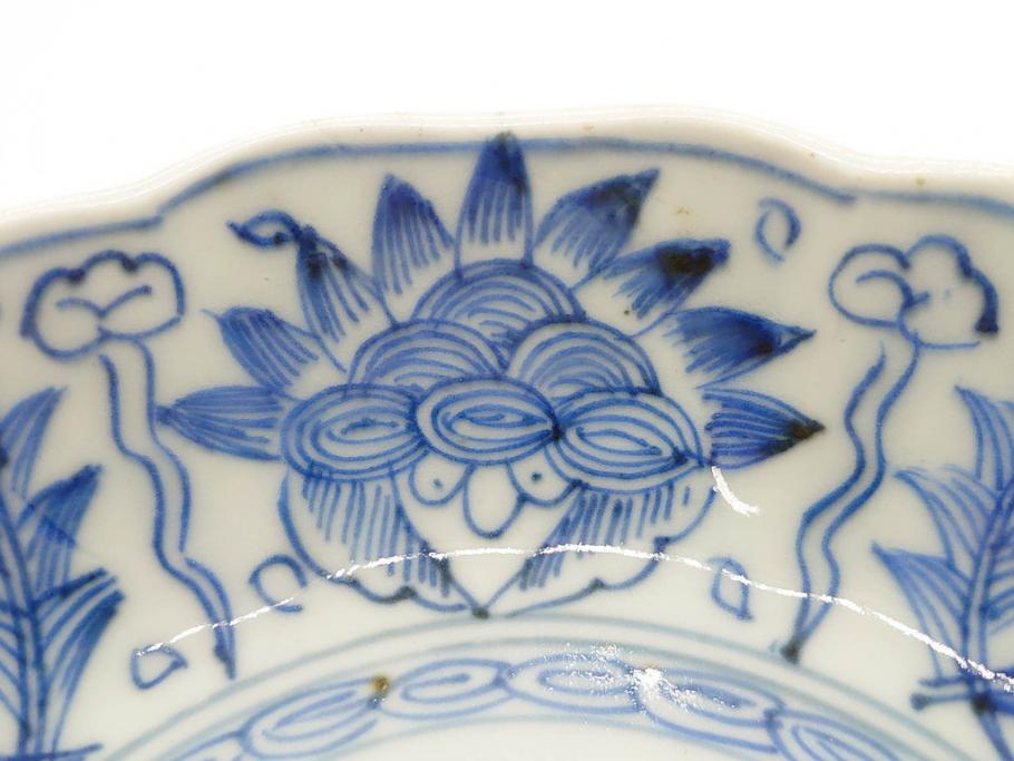 幕末期 古伊万里 輪花型 線描き 草花図 約15cm 4.9寸 手描きの