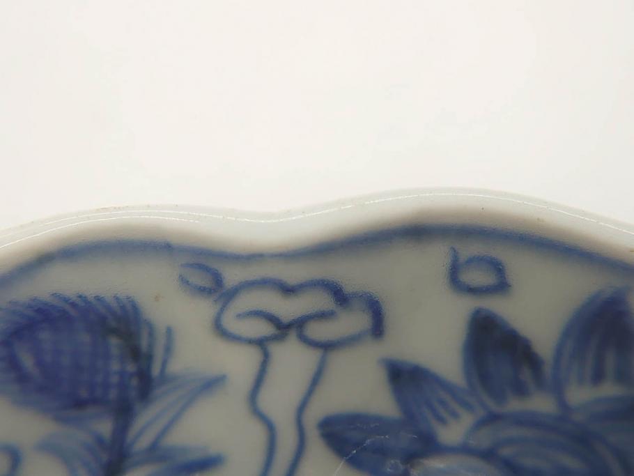 幕末期　古伊万里　輪花型　線描き　草花図　約15cm　4.9寸　手描きのあたたかみが魅力のなます皿2枚セット(中皿、和皿、和食器、四寸九分)(R-076820)