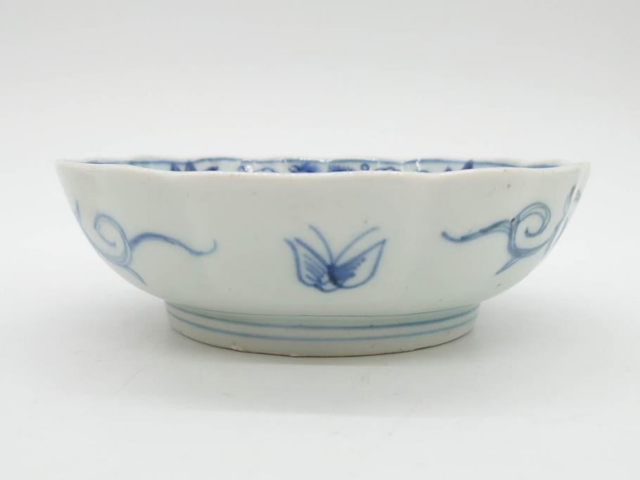 幕末期　古伊万里　輪花型　線描き　草花図　約15cm　4.9寸　手描きのあたたかみが魅力のなます皿2枚セット(中皿、和皿、和食器、四寸九分)(R-076820)