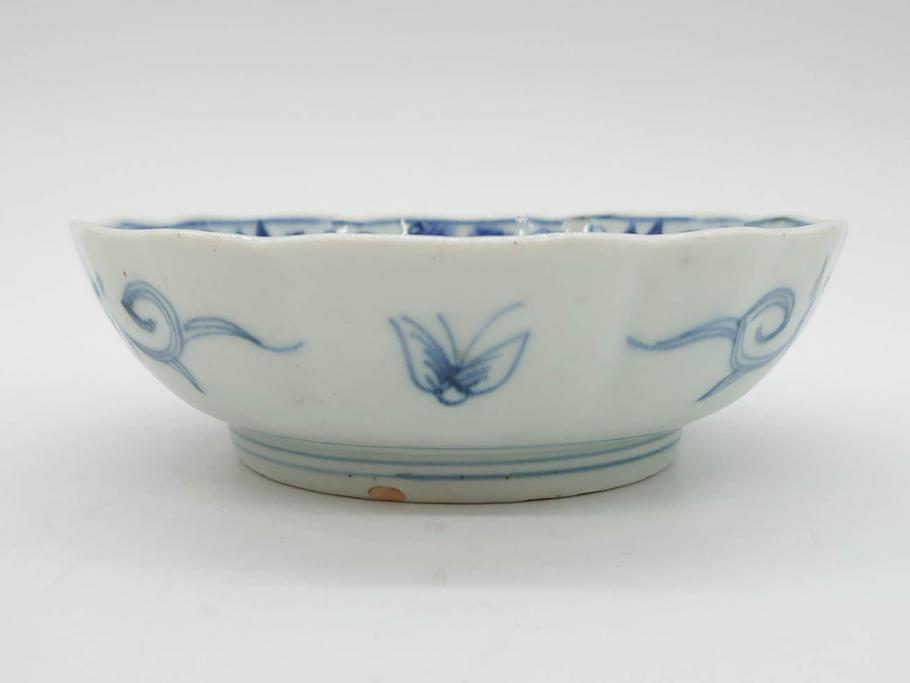 幕末期　古伊万里　輪花型　線描き　草花図　約15cm　4.9寸　手描きのあたたかみが魅力のなます皿2枚セット(中皿、和皿、和食器、四寸九分)(R-076820)