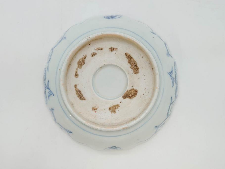 幕末期　古伊万里　輪花型　線描き　草花図　約15cm　4.9寸　手描きのあたたかみが魅力のなます皿2枚セット(中皿、和皿、和食器、四寸九分)(R-076820)