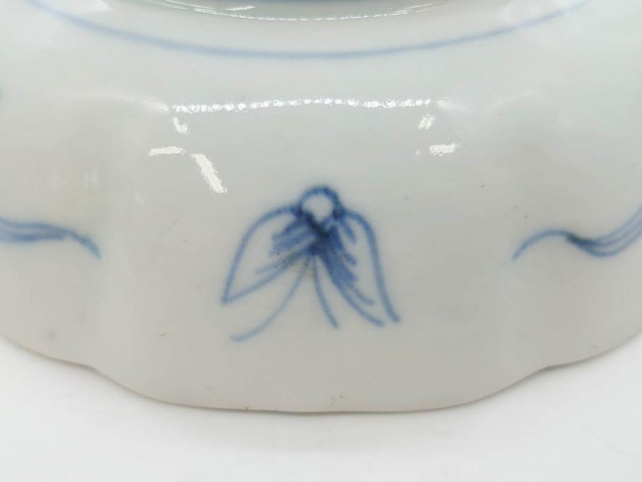 幕末期　古伊万里　輪花型　線描き　草花図　約15cm　4.9寸　手描きのあたたかみが魅力のなます皿2枚セット(中皿、和皿、和食器、四寸九分)(R-076820)