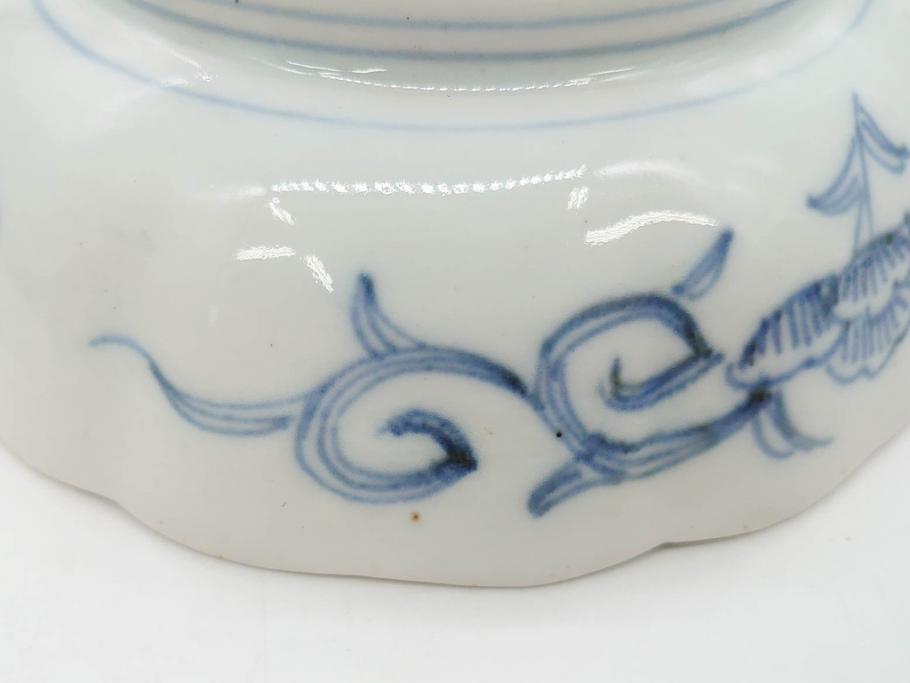 幕末期　古伊万里　輪花型　線描き　草花図　約15cm　4.9寸　手描きのあたたかみが魅力のなます皿2枚セット(中皿、和皿、和食器、四寸九分)(R-076820)