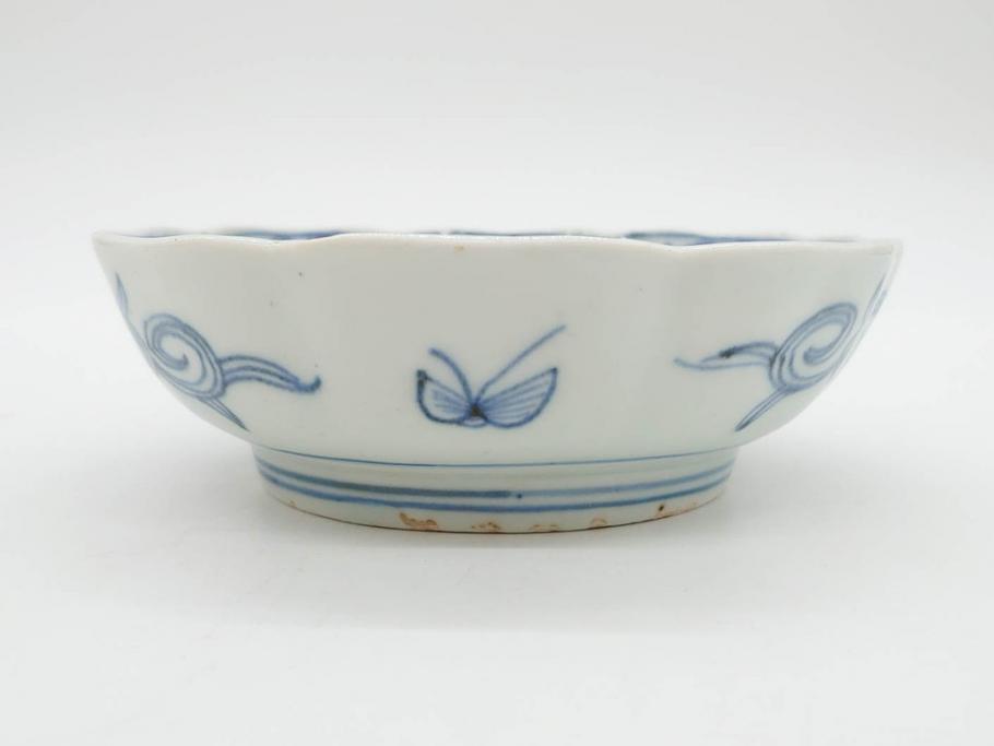 幕末期　古伊万里　輪花型　線描き　草花図　約15cm　4.9寸　手描きのあたたかみが魅力のなます皿2枚セット(中皿、和皿、和食器、四寸九分)(R-076820)