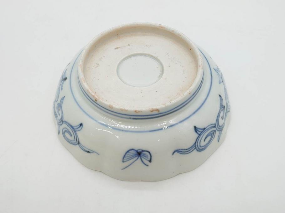 幕末期　古伊万里　輪花型　線描き　草花図　約15cm　4.9寸　手描きのあたたかみが魅力のなます皿2枚セット(中皿、和皿、和食器、四寸九分)(R-076820)