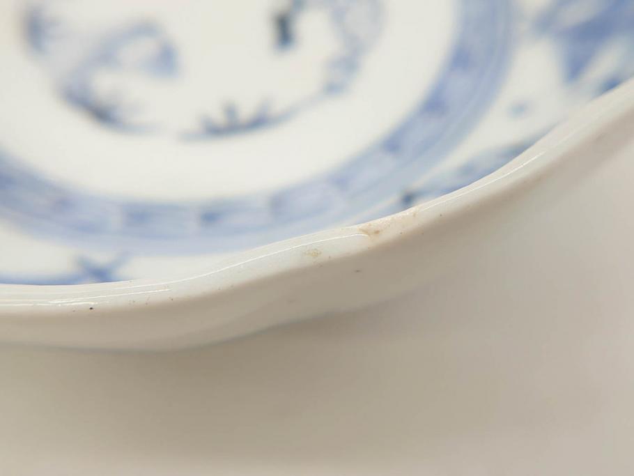 幕末期　古伊万里　輪花型　線描き　草花図　約15cm　4.9寸　手描きのあたたかみが魅力のなます皿2枚セット(中皿、和皿、和食器、四寸九分)(R-076820)