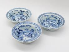 江戸期　古伊万里　染付　二重角福　渦福　松竹草花風景図　約15cm　5寸　優しい図柄が上品な深皿3枚セット(五寸、鉢、和食器、和皿)(R-076819)