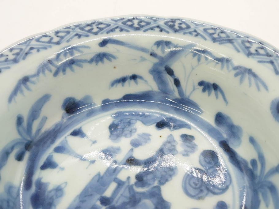 江戸期 古伊万里 染付 二重角福 渦福 松竹草花風景図 約15cm 5寸