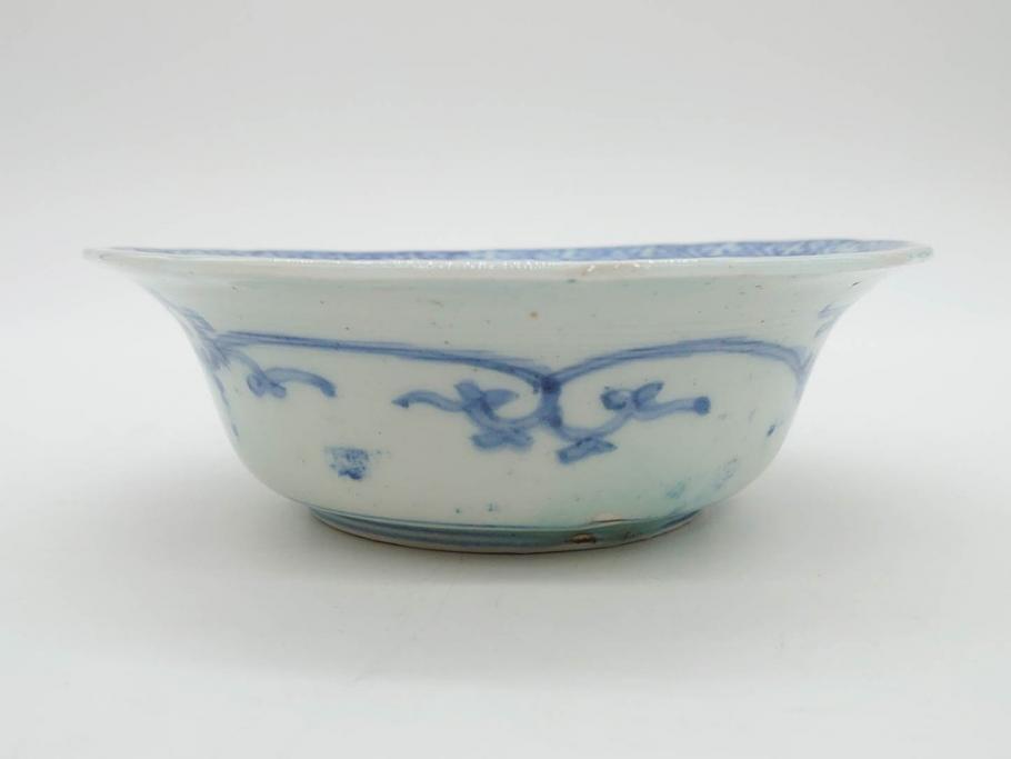 江戸期 古伊万里 染付 二重角福 渦福 松竹草花風景図 約15cm 5寸