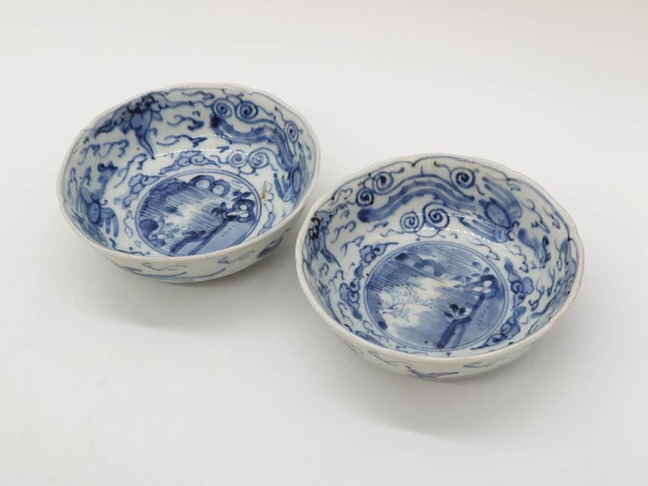 江戸期　上手物　古伊万里　染付　二重角福　渦福　鳳凰山水文　約15cm　4.8寸　なます皿2枚セット(中皿、和皿、和食器、四寸八分)(R-077086)