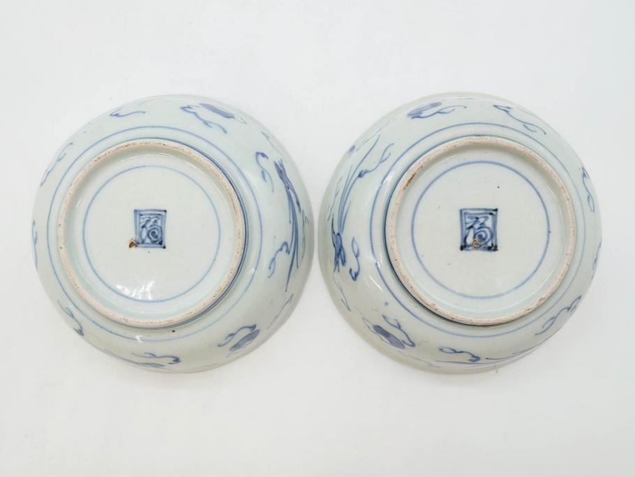 江戸期　上手物　古伊万里　染付　二重角福　渦福　鳳凰山水文　約15cm　4.8寸　なます皿2枚セット(中皿、和皿、和食器、四寸八分)(R-077086)
