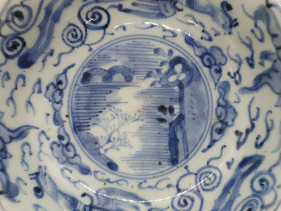 江戸期　上手物　古伊万里　染付　二重角福　渦福　鳳凰山水文　約15cm　4.8寸　なます皿2枚セット(中皿、和皿、和食器、四寸八分)(R-077086)