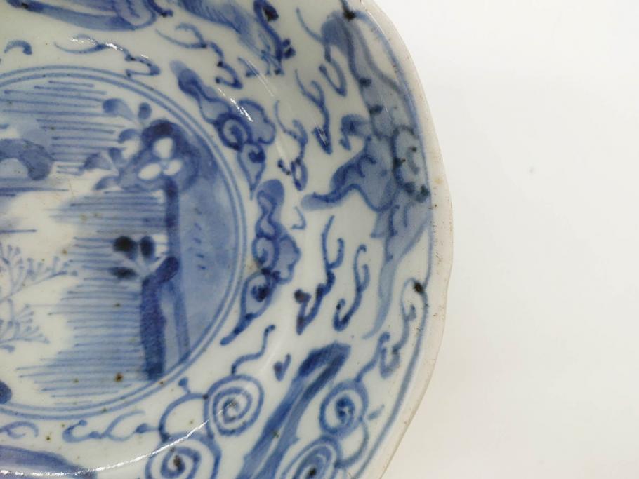 江戸期　上手物　古伊万里　染付　二重角福　渦福　鳳凰山水文　約15cm　4.8寸　なます皿2枚セット(中皿、和皿、和食器、四寸八分)(R-077086)