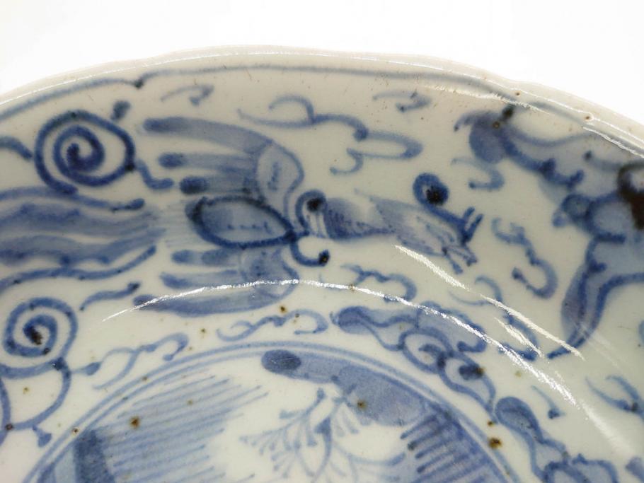 江戸期　上手物　古伊万里　染付　二重角福　渦福　鳳凰山水文　約15cm　4.8寸　なます皿2枚セット(中皿、和皿、和食器、四寸八分)(R-077086)