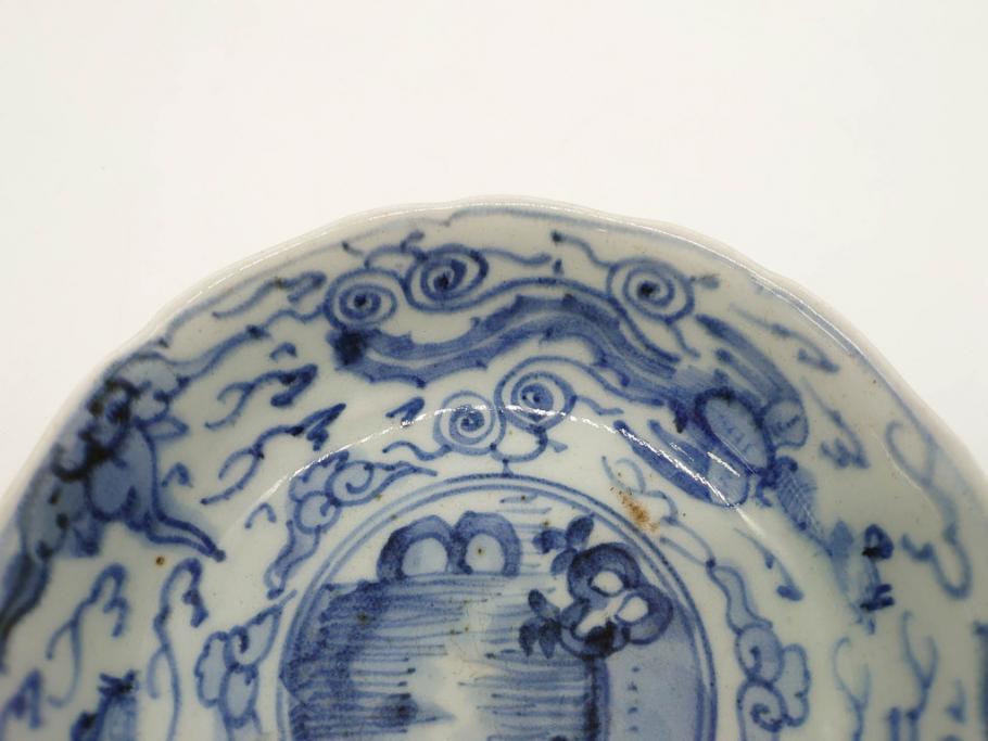 江戸期　上手物　古伊万里　染付　二重角福　渦福　鳳凰山水文　約15cm　4.8寸　なます皿2枚セット(中皿、和皿、和食器、四寸八分)(R-077086)