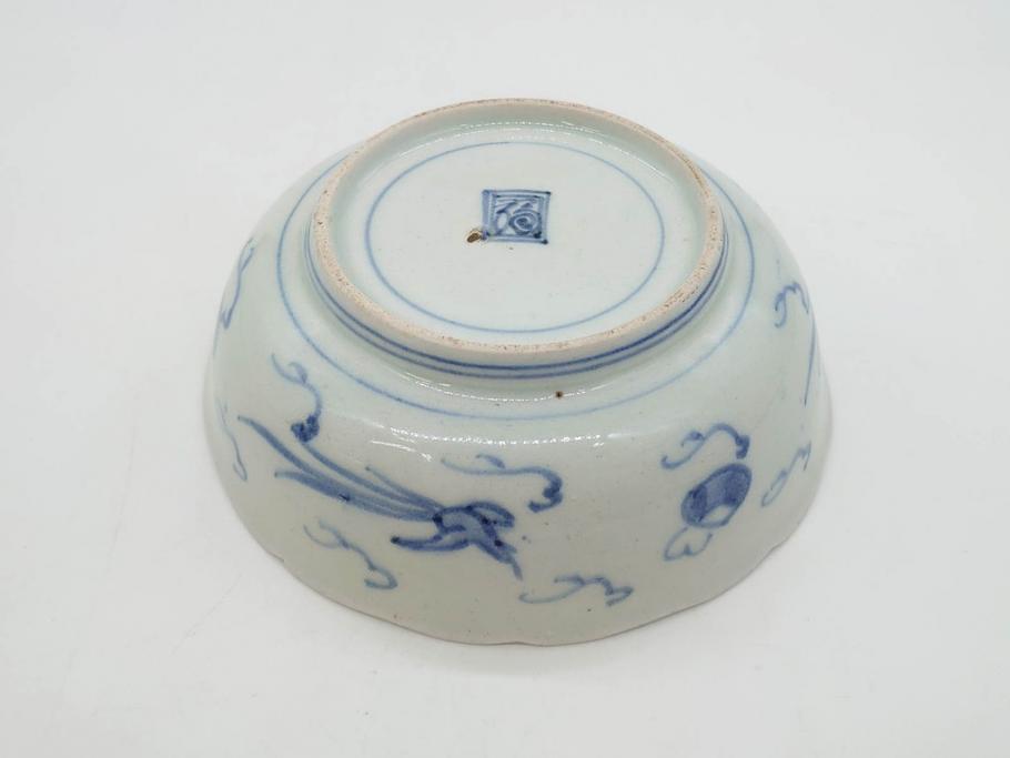 江戸期　上手物　古伊万里　染付　二重角福　渦福　鳳凰山水文　約15cm　4.8寸　なます皿2枚セット(中皿、和皿、和食器、四寸八分)(R-077086)