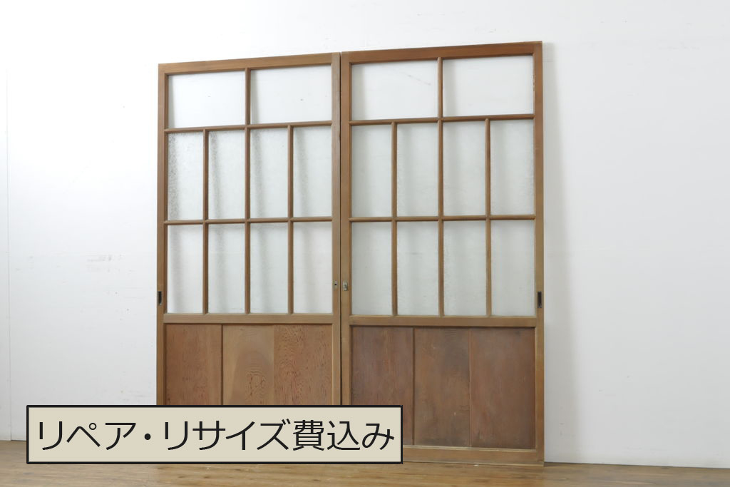 アンティーク建具　結霜・ゆらゆらクリアガラス　シンプルなデザインでお部屋に取り入れやすいガラス戸2枚セット(引き戸)(R-062803)