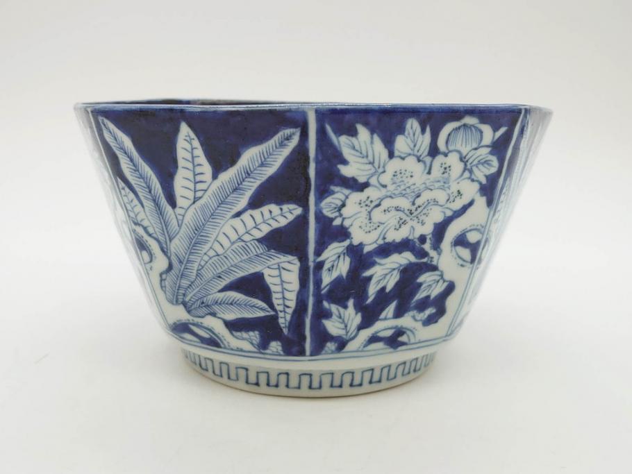 江戸期　古伊万里　染付　麒麟　花の図　約18cm　6寸　大胆な図柄と藍色が目を惹く鉢(六寸、和食器、和皿)(R-077088)
