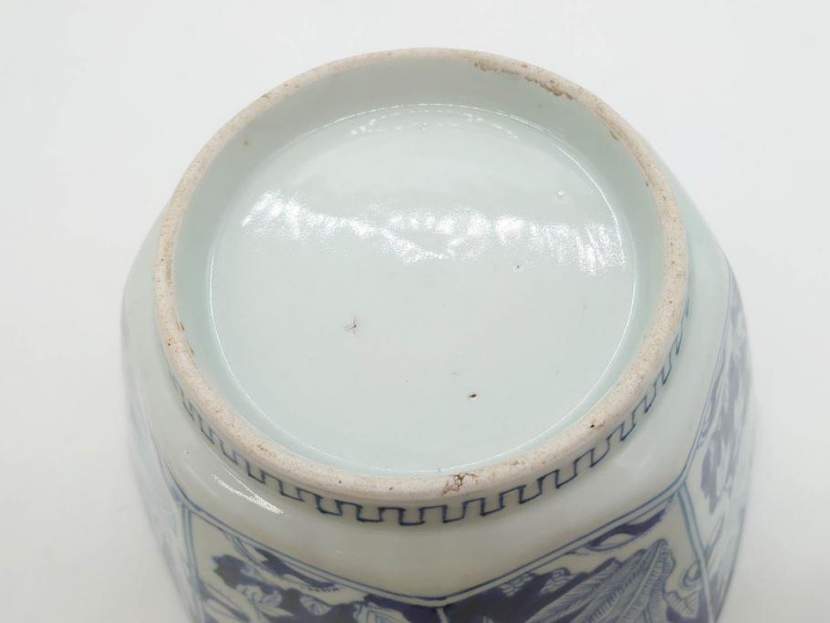 江戸期　古伊万里　染付　麒麟　花の図　約18cm　6寸　大胆な図柄と藍色が目を惹く鉢(六寸、和食器、和皿)(R-077088)