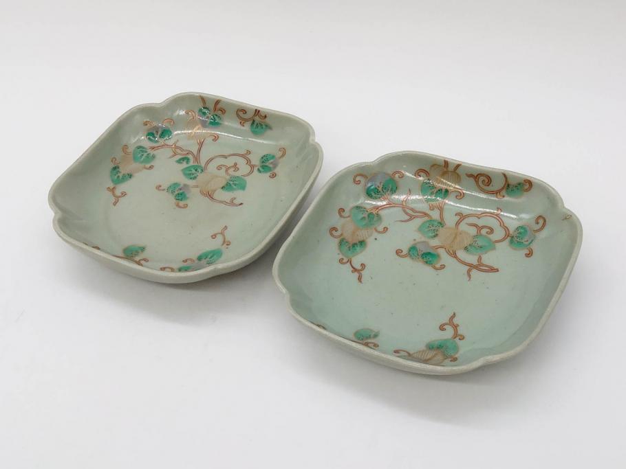 江戸期　古伊万里　青磁　金彩　蔦文　約18cm　6寸　金彩が上品なアクセントになる変形皿2枚セット(六寸、中皿、和食器、和皿)(R-077090)