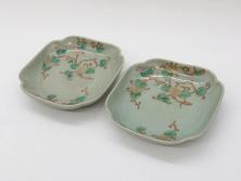 江戸期　古伊万里　青磁　金彩　蔦文　約18cm　6寸　金彩が上品なアクセントになる変形皿2枚セット(六寸、中皿、和食器、和皿)(R-077090)