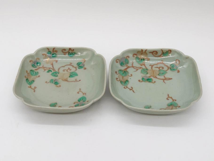 江戸期　古伊万里　青磁　金彩　蔦文　約18cm　6寸　金彩が上品なアクセントになる変形皿2枚セット(六寸、中皿、和食器、和皿)(R-077090)