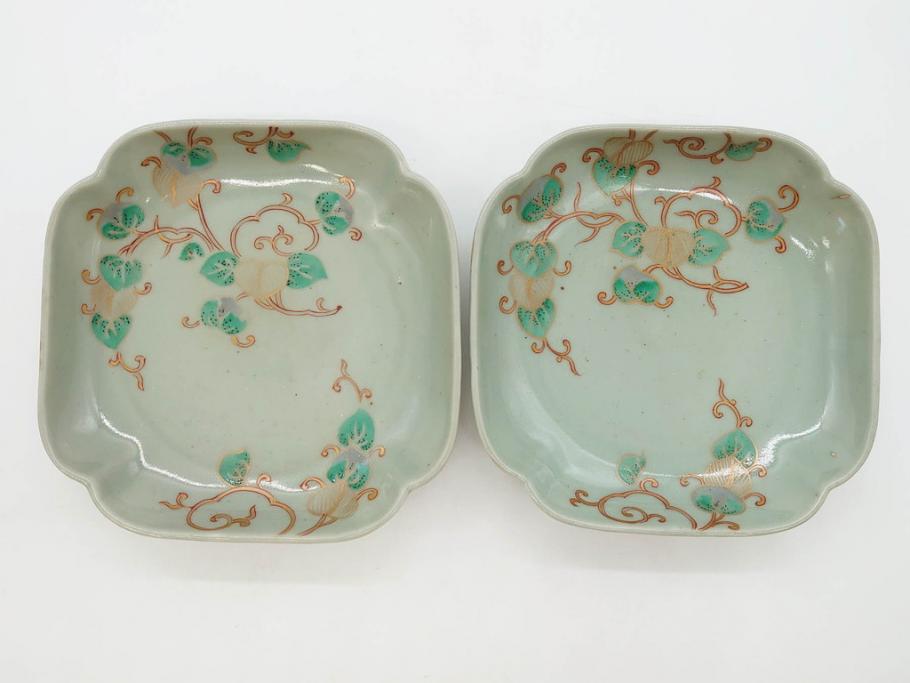 江戸期　古伊万里　青磁　金彩　蔦文　約18cm　6寸　金彩が上品なアクセントになる変形皿2枚セット(六寸、中皿、和食器、和皿)(R-077090)