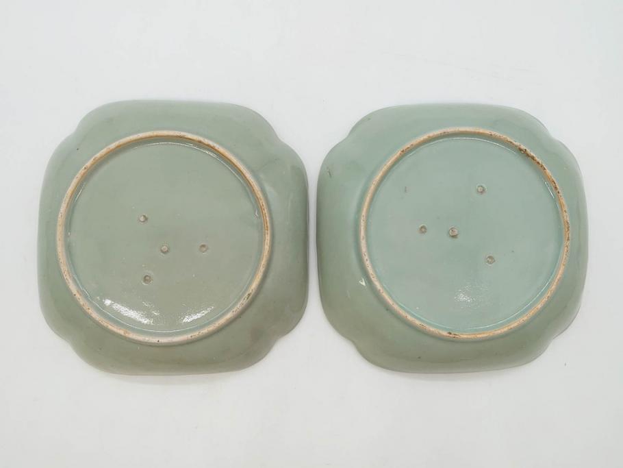 江戸期　古伊万里　青磁　金彩　蔦文　約18cm　6寸　金彩が上品なアクセントになる変形皿2枚セット(六寸、中皿、和食器、和皿)(R-077090)
